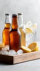 A refreshing summer cocktail with ice and lemon slices surrounded by fresh mint lemons and blurred beer bottles in the background