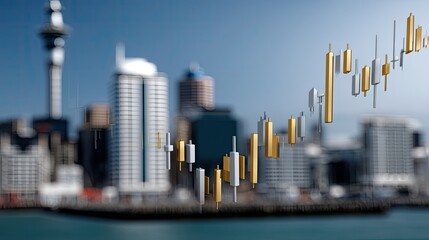 High vantage point reveals a sprawling city skyline with digital overlays, showcasing urban architecture under a clear sky