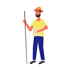 Farmer Holding Stick Vector Character Illustration. Worker Character with Map