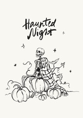 Vector Halloween card with skeleton on the pumpkins. Hand painted holiday template isolated on white background. Illustration for design, print or background. Halloween poster.