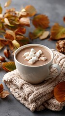 A cozy beverage featuring hot chocolate with marshmallows sits on a textured blanket amidst colorful autumn leaves, evoking warmth