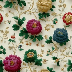 Vibrant flowers in shades of pink, orange, and white create a decorative floral pattern on a subtle textured surface, ideal for home decor SEAMLESS PATTERN
