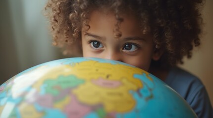 Close-up of a curious child looking thoughtfully at a globe, symbolizing awareness and global understanding
