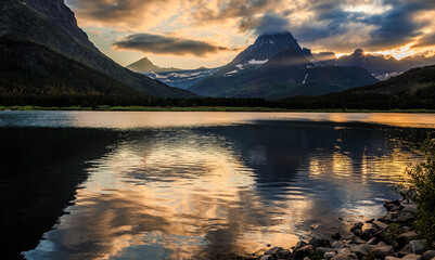 Sunset Reflections of Mountains of Glacier above Swiftcurrent Lake, Many Glacier, Glacier National Park, Montana