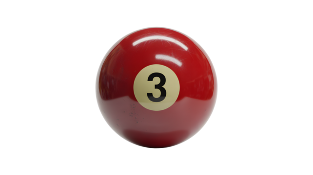 Red three billiard ball with transparent background, perfect for games, sports, and recreation themed designs, bringing a sense of fun and competition