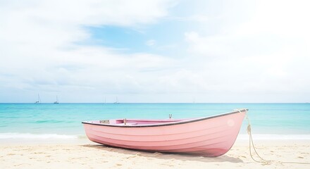 Fototapeta premium A pink rowboat rests on a sandy beach with the turquoise ocean and blue sky in the background