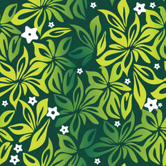 seamless floral pattern features overlapping tropical leaves in rich shades of green and yellow-green, accented by small white blossoms. The design has an organic, hand-drawn feel with layered foliage