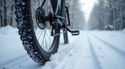Obraz premium Winter bike resting on a snowy path, highlighting the studded tire designed for enhanced grip on ice and snow 