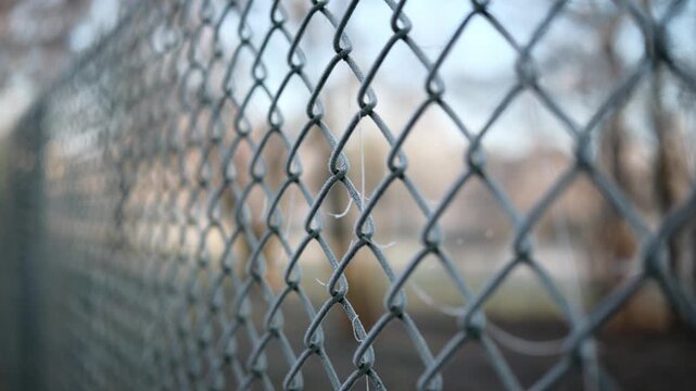 Chain-Link Fence Covered In Morning Frost Symbolizes The Concept Of Land Parcel Protection