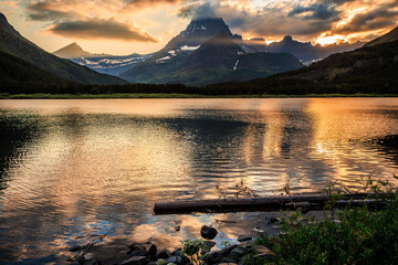 Sunset Reflections of Mountains of Glacier above Swiftcurrent Lake, Many Glacier, Glacier National Park, Montana