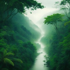 Fototapeta premium A serene, misty river winds its way through a dense and lush green jungle valley.
