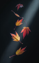 Autumn leaves falling gracefully in a beam of light