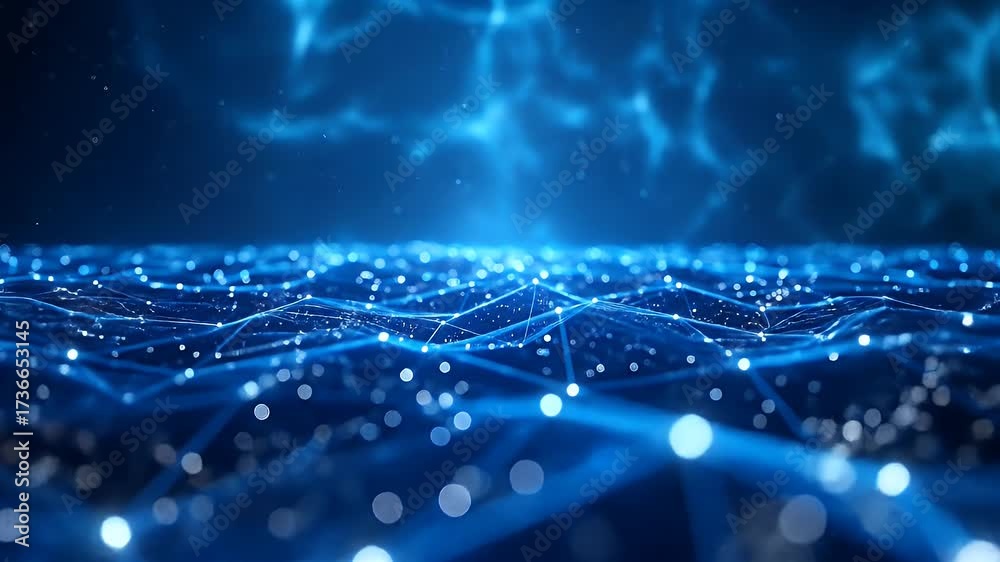 Wall mural abstract dark blue background with glowing connected dots and lines forming a network over a surface