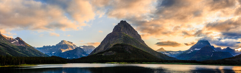 Panoramic Sunset on the Mountains of Glacier above Swiftcurrent Lake, Many Glacier, Glacier National Park, Montana