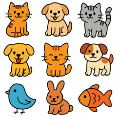 Hand-drawn cartoon animal icon set isolated on white background. Cats, dogs, bird, hare, fish. Vector illustration.