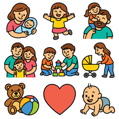 Hand-drawn cartoon family and children icon set isolated on white background. Childhood, parenthood, motherhood, fatherhood, love. Vector illustration.