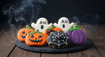 Spooky halloween cookies featuring pumpkins, ghosts, and a spiderweb treat on a dark background