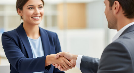 Confident businesswoman in a blue suit smiles warmly while shaking hands with a male colleague, sealing a successful partnership deal in a modern office.