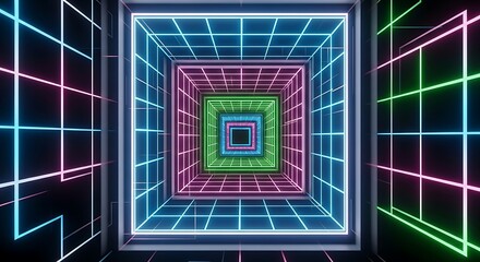Step into a dazzling retro future with this vibrant neon grid tunnel, a perfect backdrop for your next tech, gaming, or music project