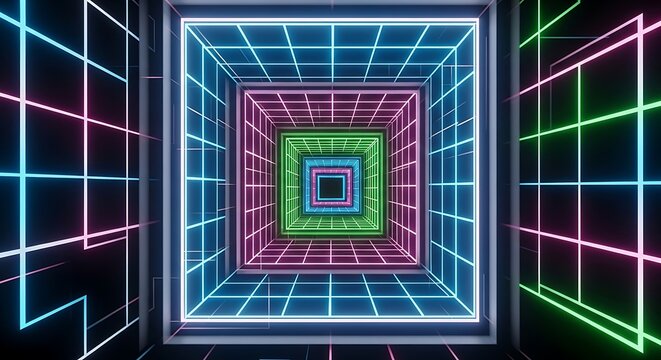 Step into a dazzling retro future with this vibrant neon grid tunnel, a perfect backdrop for your next tech, gaming, or music project