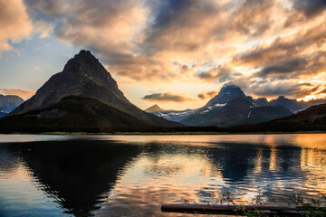 Sunset Reflections of Mountains of Glacier above Swiftcurrent Lake, Many Glacier, Glacier National Park, Montana