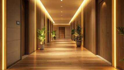 Modern and elegant hotel hallway adorned with rich wood paneling, soft LED strip lighting, and vibrant green foliage. The camera glides forward through the tranquil and peaceful corridor - Powered by Adobe