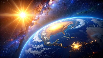Earth in the vastness of space, sun and nebulae, breathtaking cosmic view.
