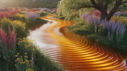 Golden river winding through lush blooming garden landscape