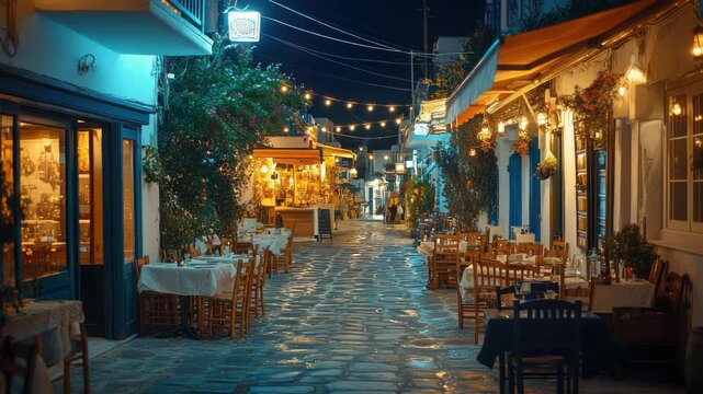 Empty tables line a narrow, illuminated cobblestone alley, while outdoor cafes are nestling beneath warm string lights, European architecture frames a peaceful urban night scene