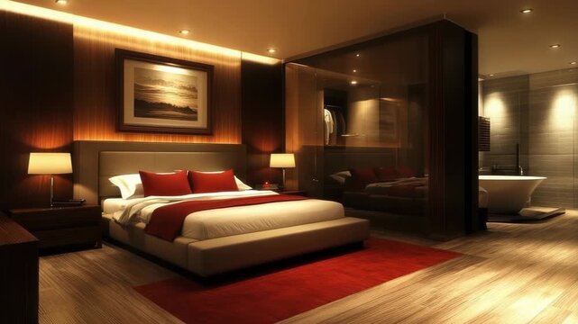 Sophisticated contemporary hotel suite with a spacious bed, warm parquet floors and ambient lighting, elegant en suite bathtub visible in the distance for relaxing stays
