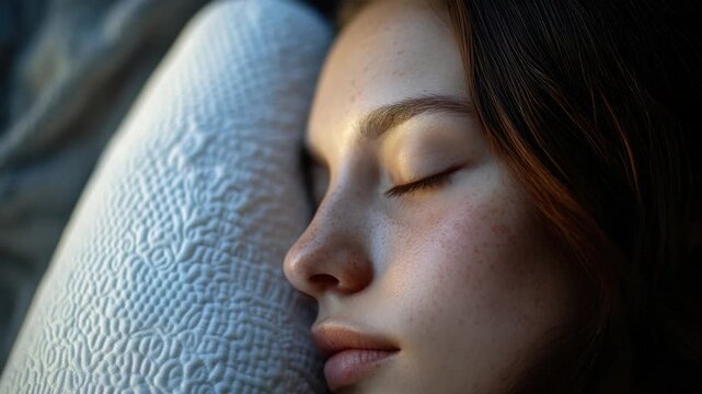 A person lying down with their eyes closed, appearing to be asleep