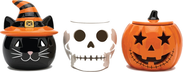 Halloween themed ceramic containers featuring a cat skull and pumpkin on white