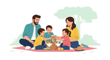 Family Picnic Enjoying Meal At a Park, Sharing Food and Having Fun Together Beautifully