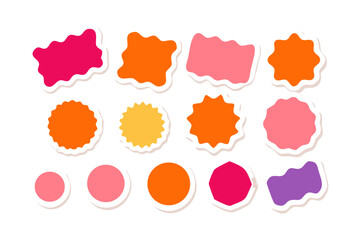 Collection of colorful stickers in various shapes with white borders on a white background layout
