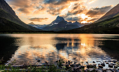 Sunset Reflections of the Mountains of Glacier above Swiftcurrent Lake, Many Glacier, Glacier National Park, Montana