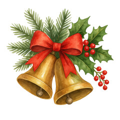 Watercolor Golden Christmas Bells with Red Bow