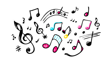 Illustration of musical notes and symbols in various styles scattered on a white background image design