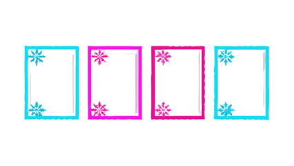 Four decorative frames in blue and pink with snowflake accents for winter holiday cards or invitations