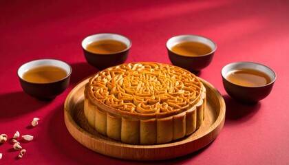 Elegant mooncake presentation with tea on red background conveying cultural appreciation