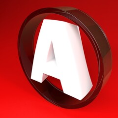 A alphabetic letter in a glass circle, on red background - 3D rendering illustration