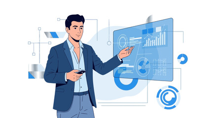 Elegant Digital Presentation Featuring Businessman Analyzing Data on Projected Interface Screen