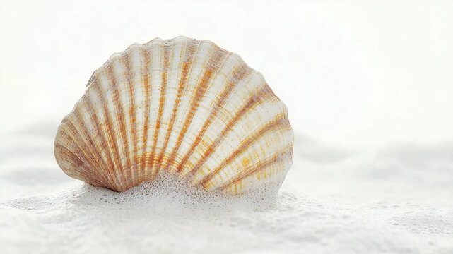 A detailed view of a shell found on the sand, perfect for a coastal-themed design or a nature-inspired project