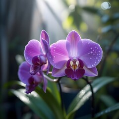 Closeup of a delicate purple orchid with water droplets on its petals, illuminated by soft sunlight