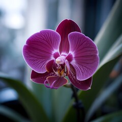 A single vibrant purple orchid bloom with intricate details and soft lighting, showcasing its unique structure