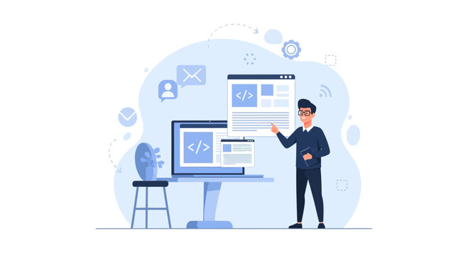 Developer Presenting Website Source Code, Illustrating Website Development Process Clearly