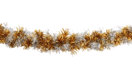 Gold and silver tinsel garland isolated on transparent background for decoration