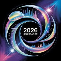 Abstract futuristic swirl with city skyline and stars, celebrating the year 2026 with vibrant colors