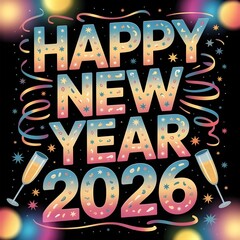 Happy new year 2026 greeting with champagne glasses, colorful confetti, and festive streamers, a joyful celebration