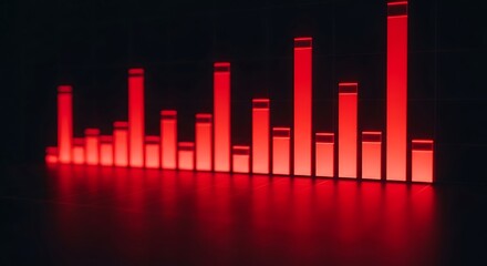 Vibrant red equalizer bars illuminated against a dark background reflecting on a glossy surface symbolizing audio levels and sound waves in a dynamic visual representation