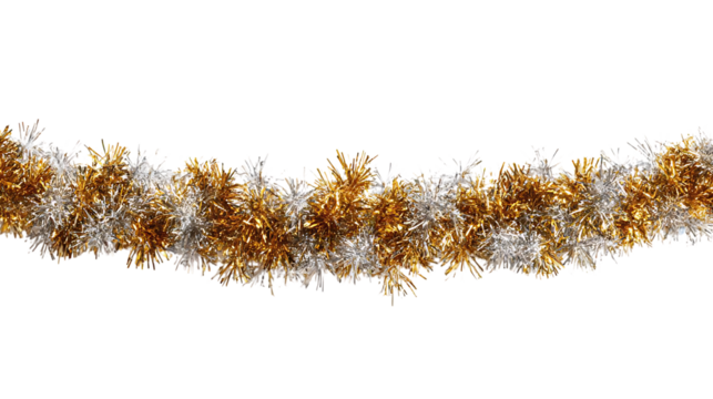 Gold and silver tinsel garland isolated on transparent background for decoration